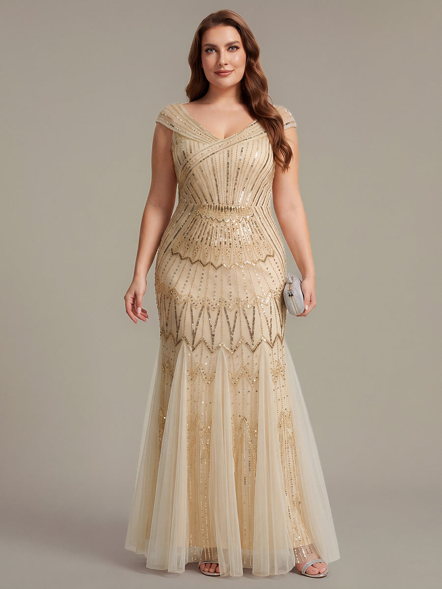 Robe longue sirène élégante à col en V manches courtes et tissu extensible #Couleur_Dorée