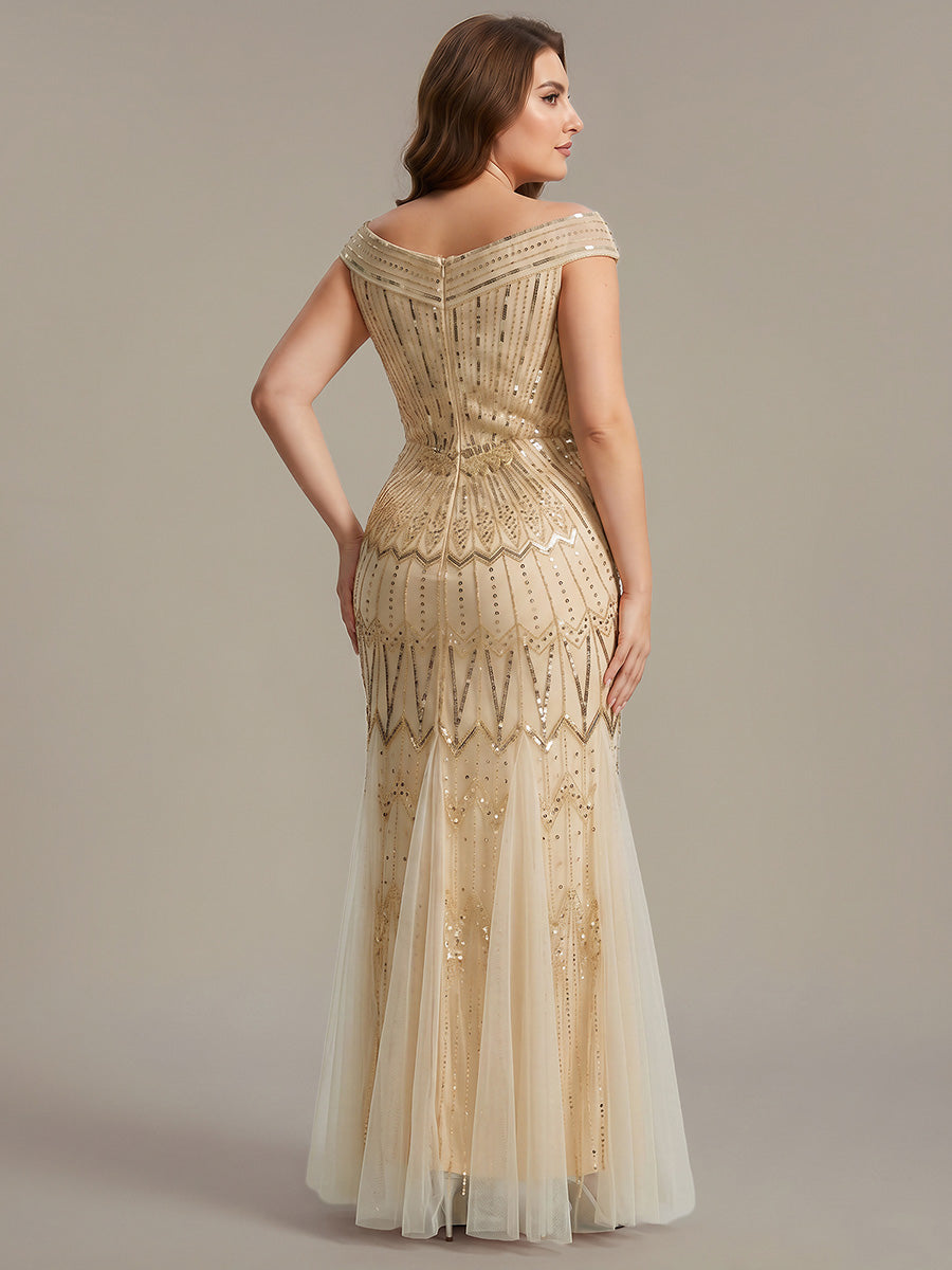 Robe longue sirène élégante à col en V manches courtes et tissu extensible #Couleur_Dorée