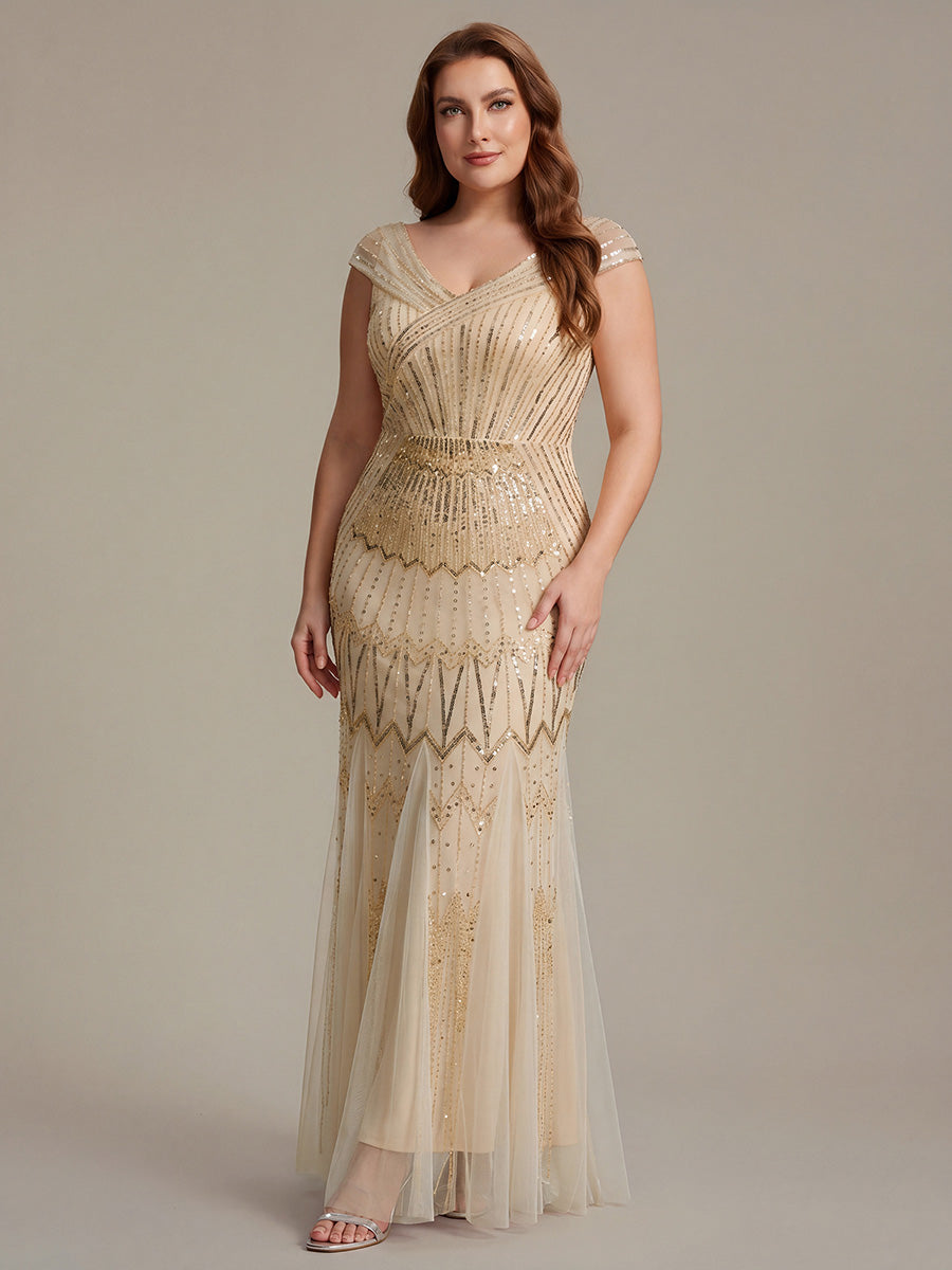 Robe longue sirène élégante à col en V manches courtes et tissu extensible #Couleur_Dorée