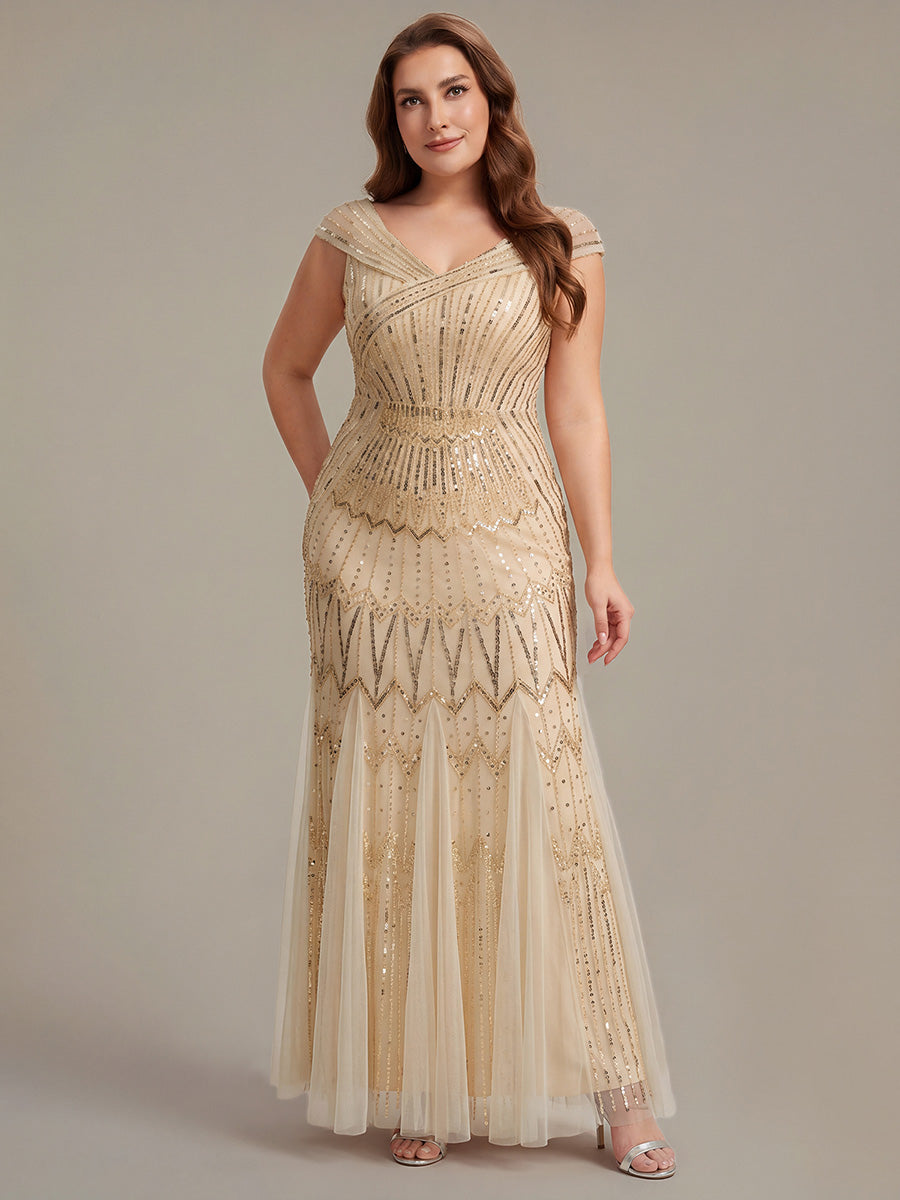 Robe longue sirène élégante à col en V manches courtes et tissu extensible #Couleur_Dorée