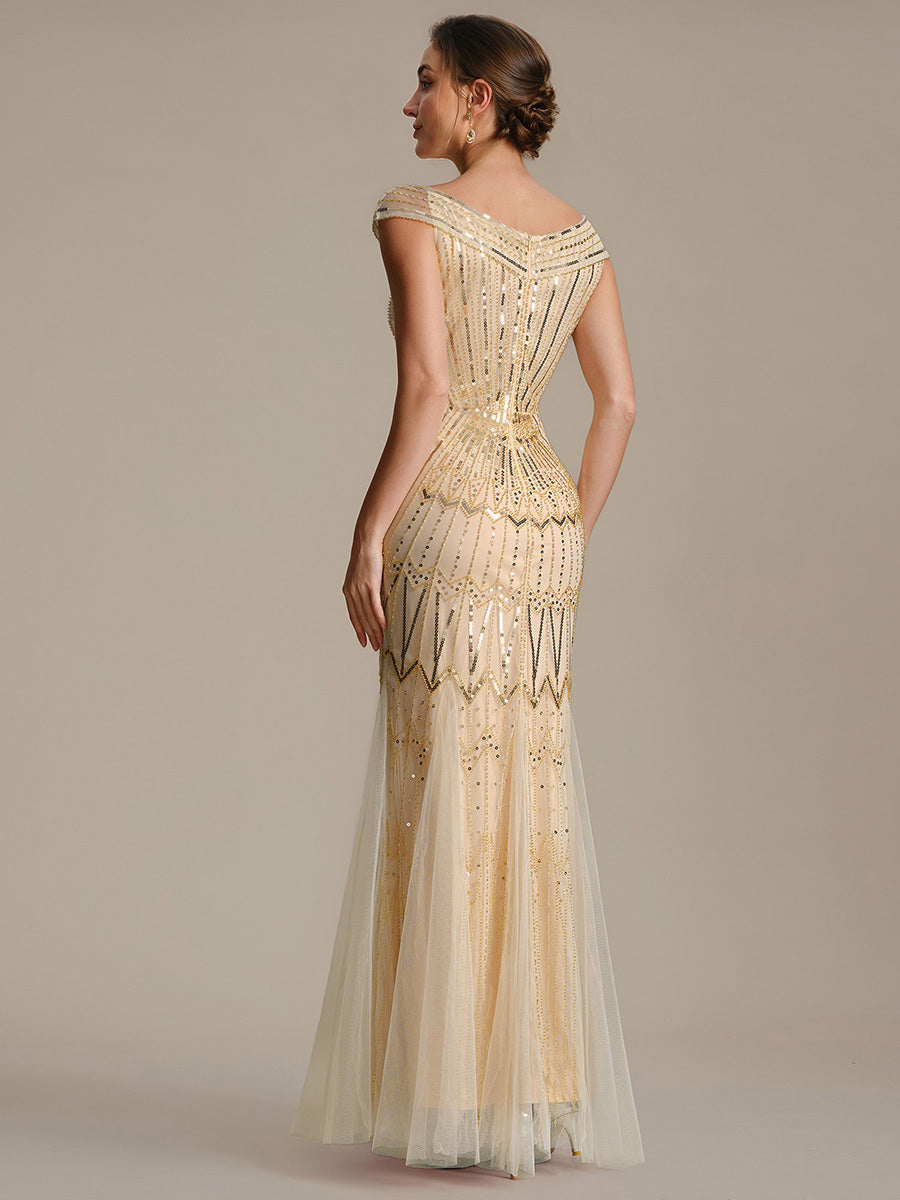 Robe longue sirène élégante à col en V manches courtes et tissu extensible #Couleur_Dorée