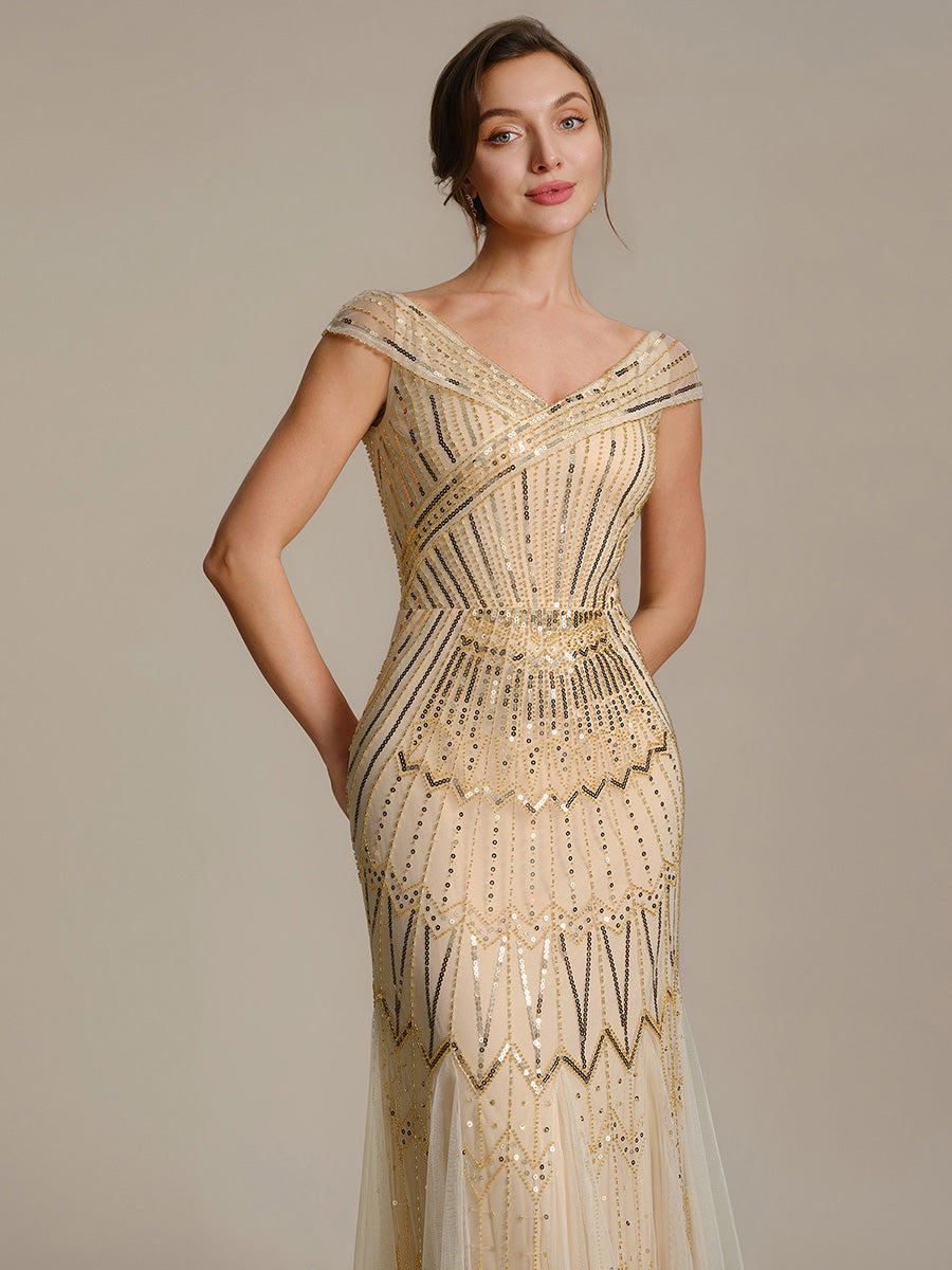 Robe longue sirène élégante à col en V manches courtes et tissu extensible #Couleur_Dorée