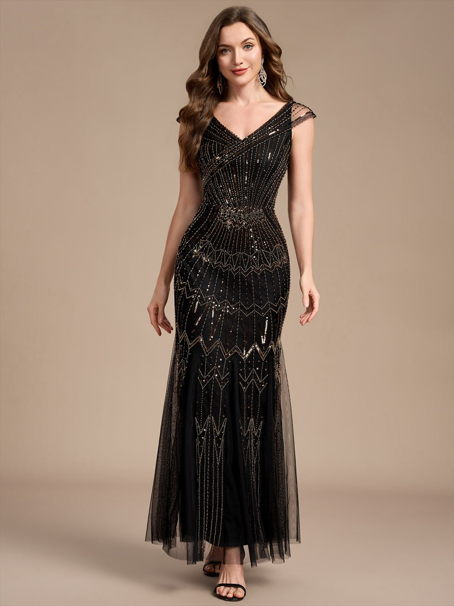Robe longue sirène élégante à col en V manches courtes et tissu extensible #Couleur_Noir & Or