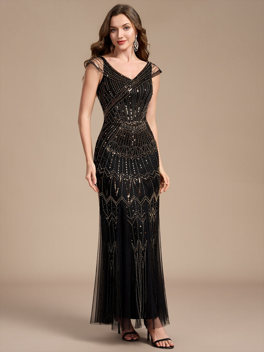 Robe longue sirène élégante à col en V manches courtes et tissu extensible #Couleur_Noir & Or