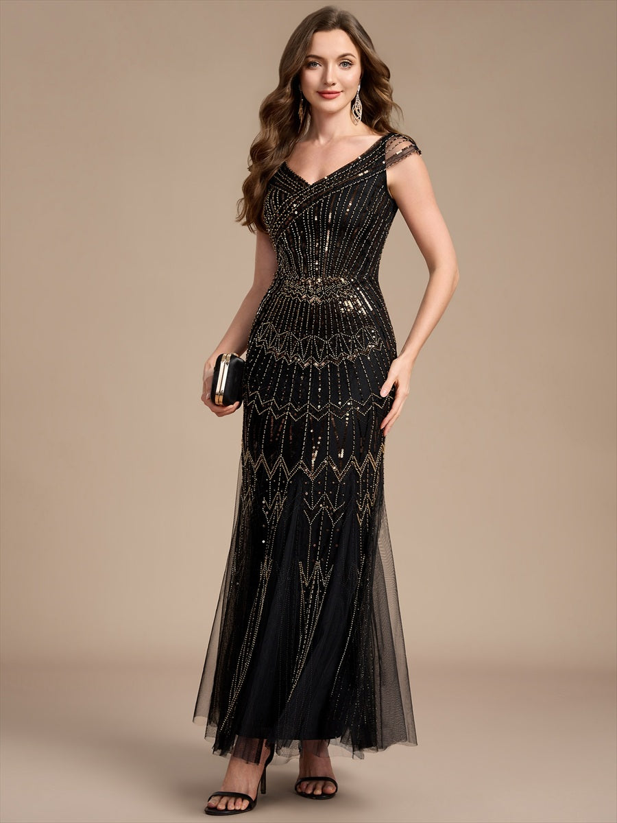 Robe longue sirène élégante à col en V manches courtes et tissu extensible #Couleur_Noir & Or