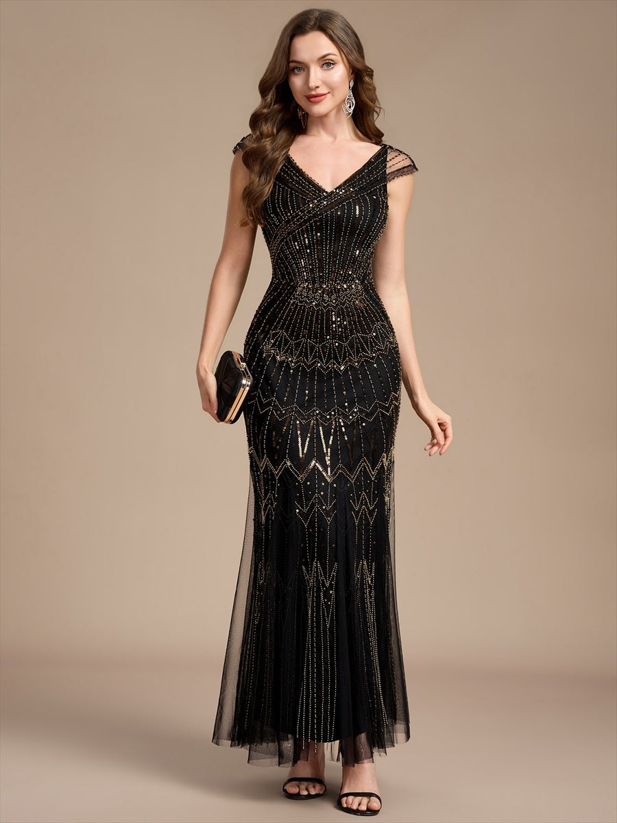 Robe longue sirène élégante à col en V manches courtes et tissu extensible #Couleur_Noir & Or
