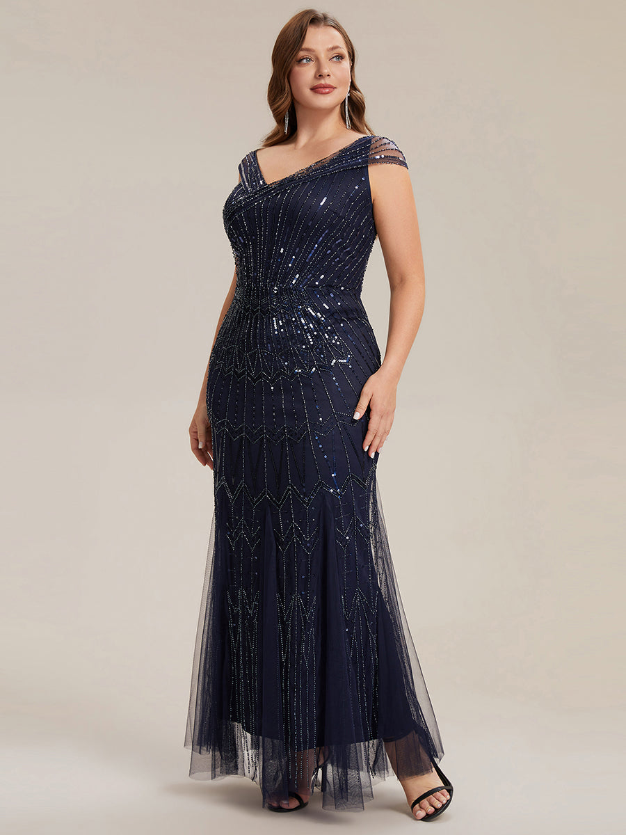 Robe longue sirène élégante à col en V manches courtes et tissu extensible #Couleur_Bleu Marine