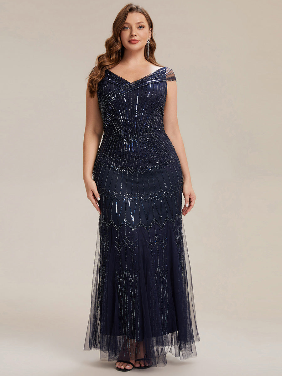 Robe longue sirène élégante à col en V manches courtes et tissu extensible #Couleur_Bleu Marine