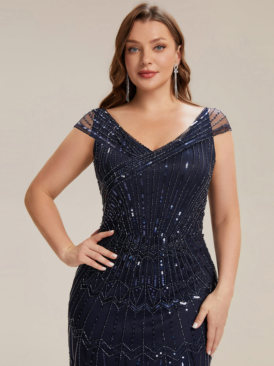 Robe longue sirène élégante à col en V manches courtes et tissu extensible #Couleur_Bleu Marine