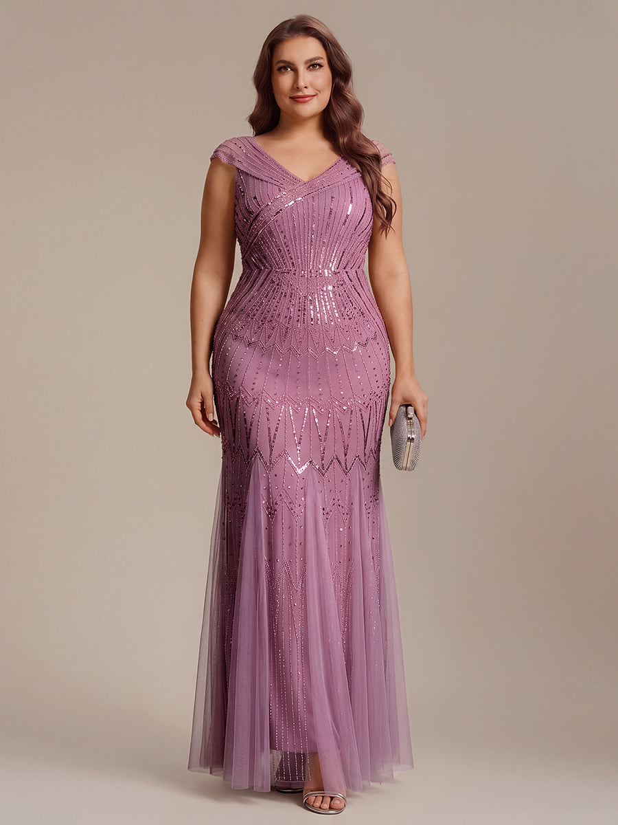 Robe longue sirène élégante à col en V manches courtes et tissu extensible #Couleur_Orchidee