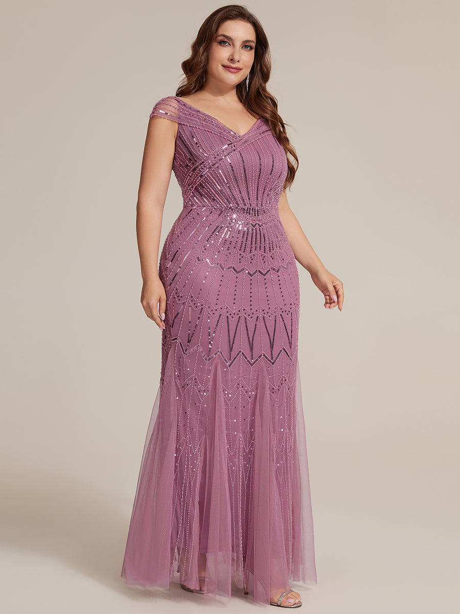 Robe longue sirène élégante à col en V manches courtes et tissu extensible #Couleur_Orchidee