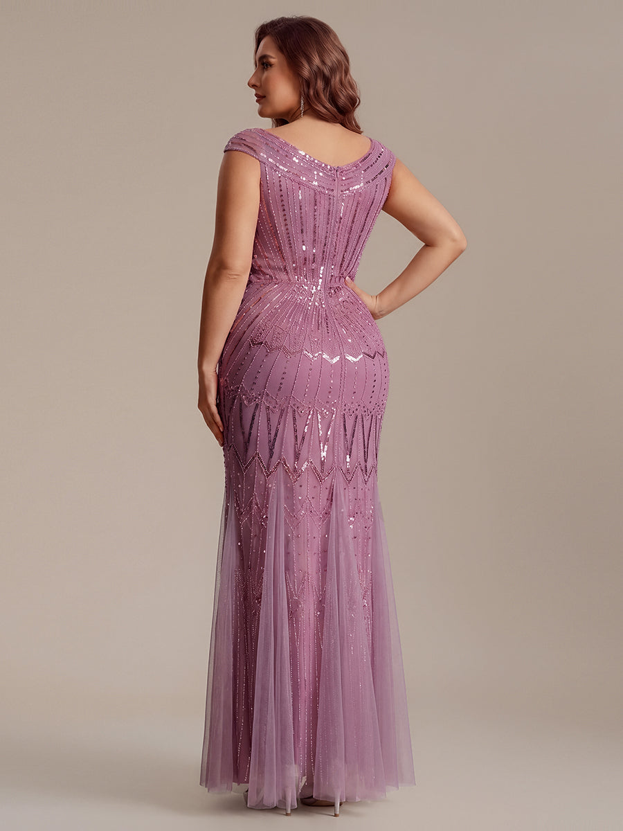 Robe longue sirène élégante à col en V manches courtes et tissu extensible #Couleur_Orchidee