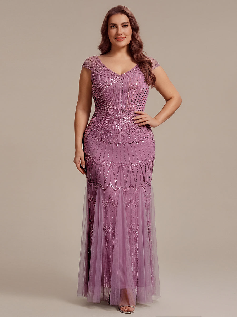 Robe longue sirène élégante à col en V manches courtes et tissu extensible #Couleur_Orchidee