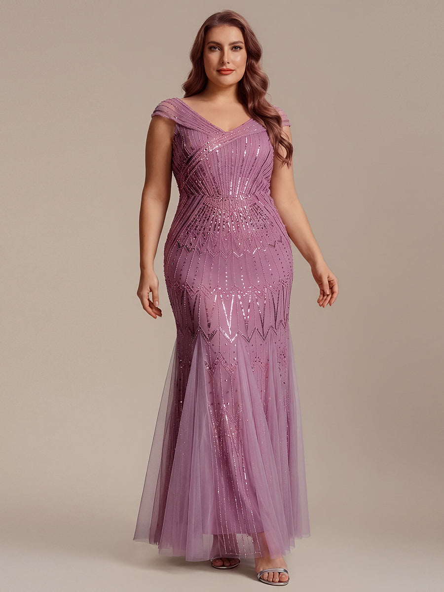 Robe longue sirène élégante à col en V manches courtes et tissu extensible #Couleur_Orchidee