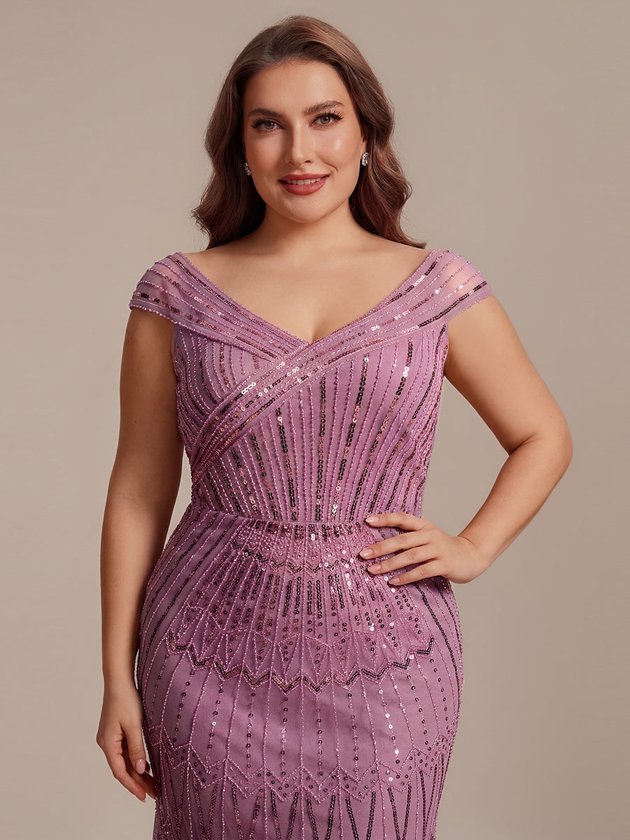 Robe longue sirène élégante à col en V manches courtes et tissu extensible #Couleur_Orchidee