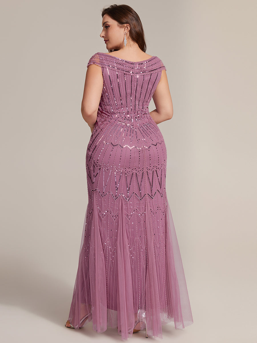 Robe longue sirène élégante à col en V manches courtes et tissu extensible #Couleur_Orchidee