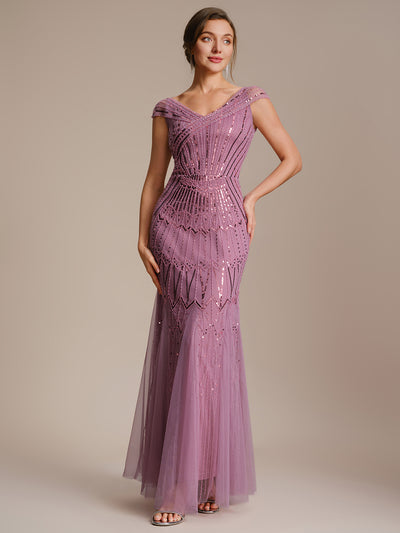 Robe longue sirène élégante à col en V manches courtes et tissu extensible