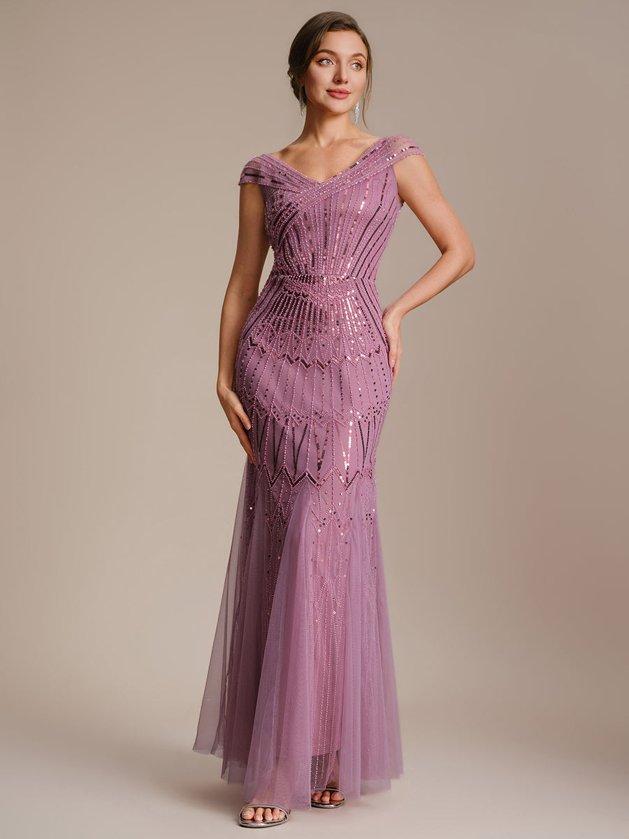 Robe longue sirène élégante à col en V manches courtes et tissu extensible #Couleur_Orchidee