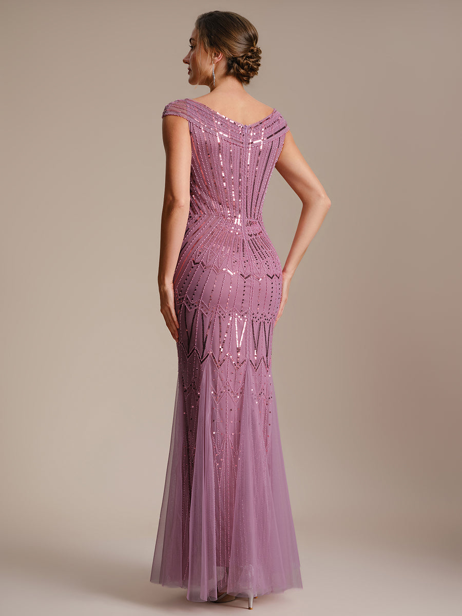 Robe longue sirène élégante à col en V manches courtes et tissu extensible #Couleur_Orchidee