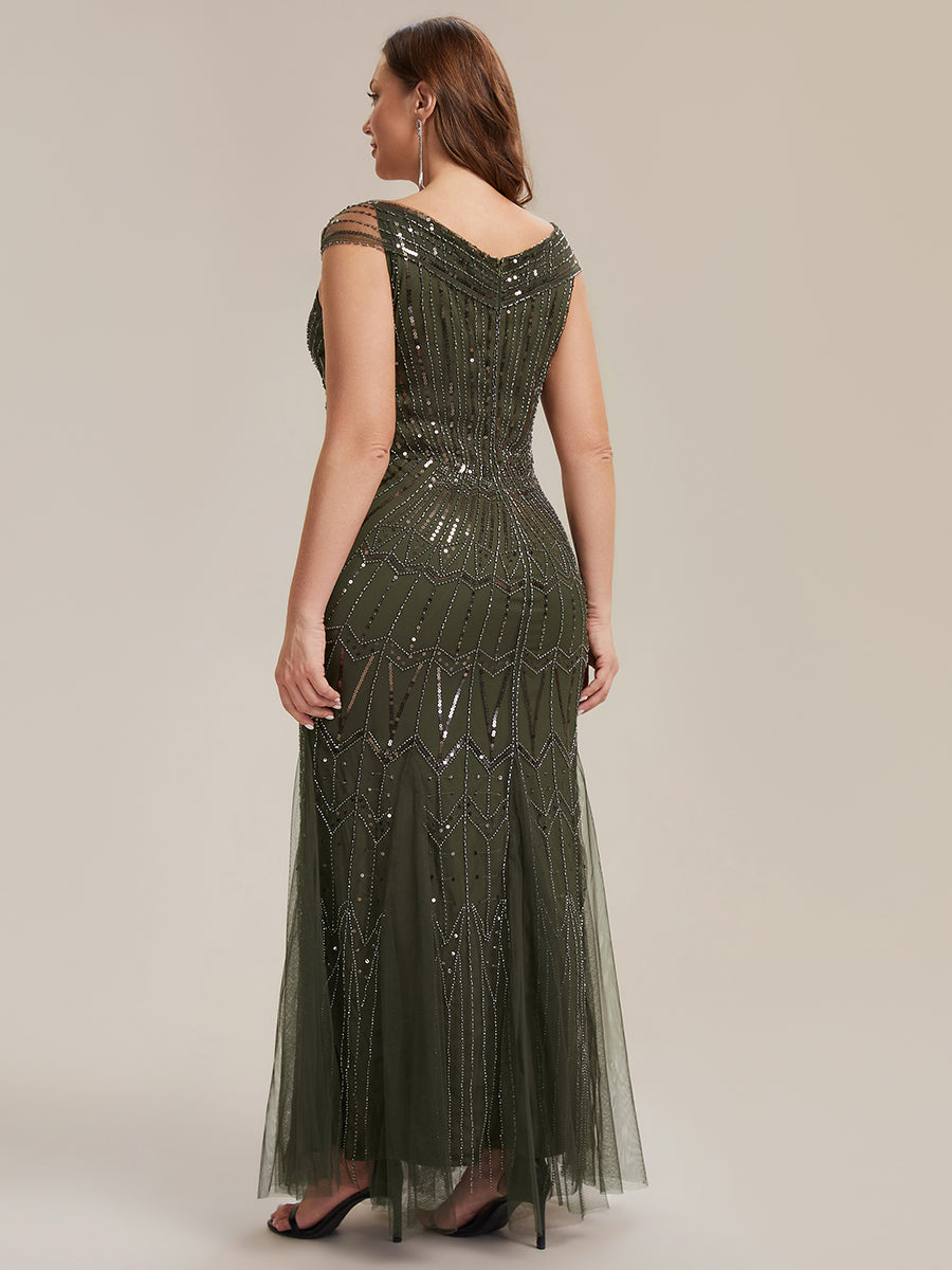 Robe longue sirène élégante à col en V manches courtes et tissu extensible #Couleur_Vert Olive