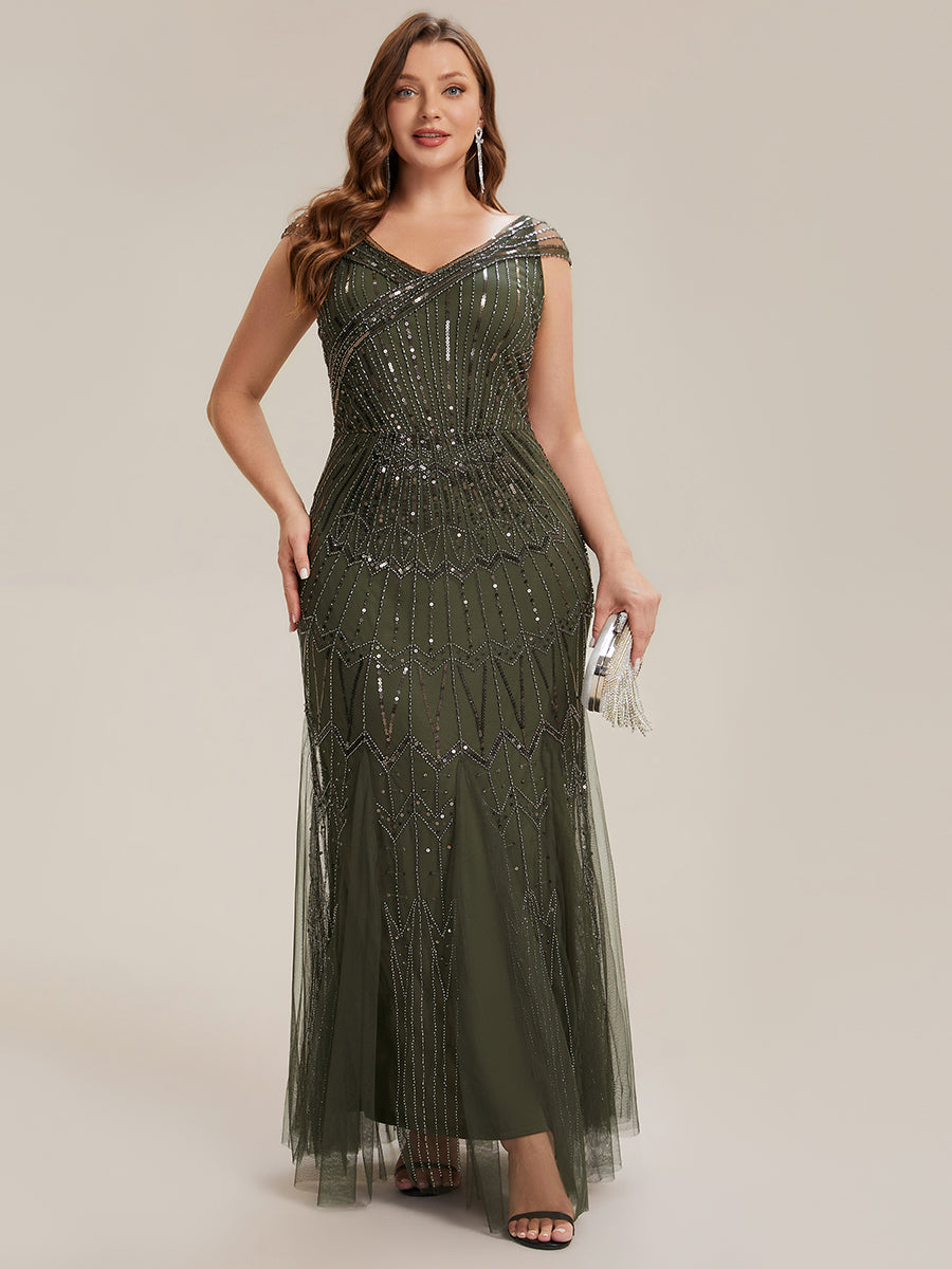 Robe longue sirène élégante à col en V manches courtes et tissu extensible #Couleur_Vert Olive