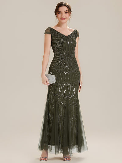 Robe longue sirène élégante à col en V manches courtes et tissu extensible