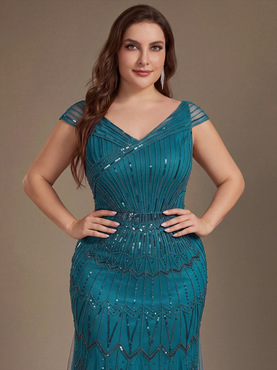 Robe longue sirène élégante à col en V manches courtes et tissu extensible #Couleur_Bleu Sarcelle