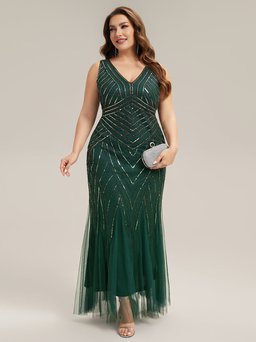 Robe longue sans manches à décolleté en V profond en mermaid avec patchwork de sequins à haute élasticité #Couleur_Vert Fonce
