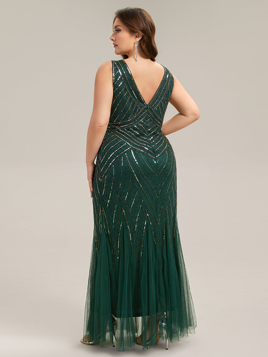 Robe longue sans manches à décolleté en V profond en mermaid avec patchwork de sequins à haute élasticité #Couleur_Vert Fonce