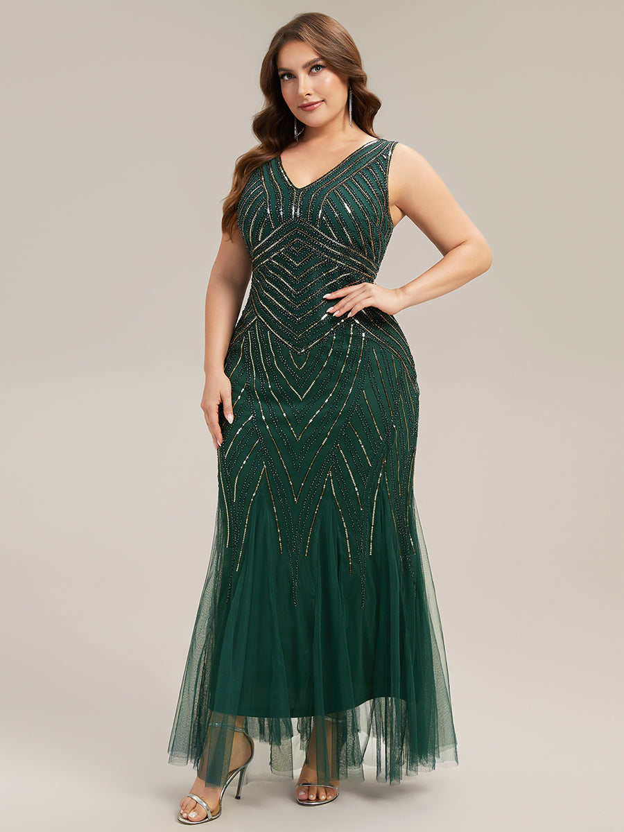 Robe longue sans manches à décolleté en V profond en mermaid avec patchwork de sequins à haute élasticité #Couleur_Vert Fonce