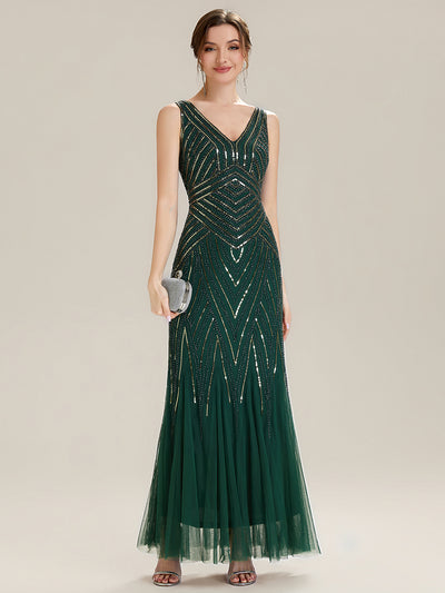 ever GLAMOUR|Robe longue sans manches à décolleté en V profond en mermaid avec patchwork de sequins à haute élasticité