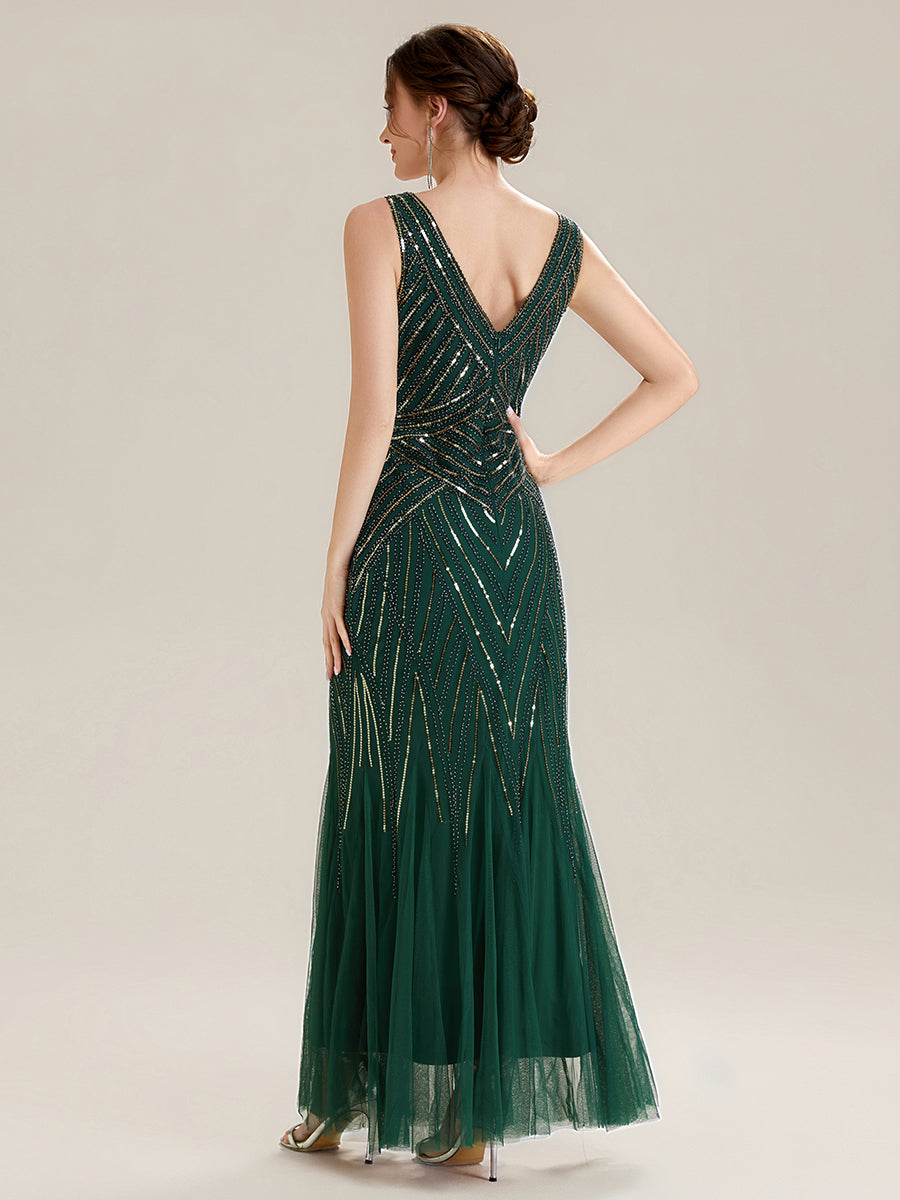 Robe longue sans manches à décolleté en V profond en mermaid avec patchwork de sequins à haute élasticité #Couleur_Vert Fonce