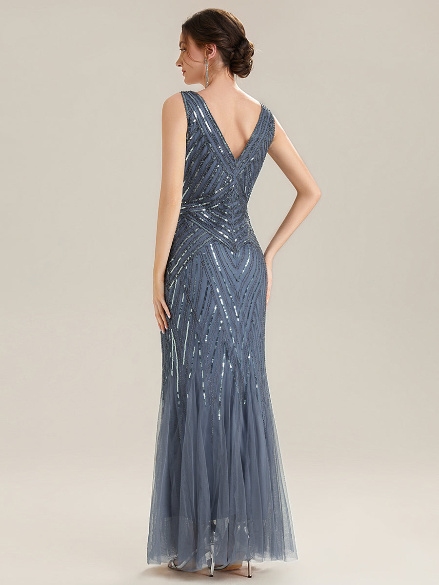 Robe longue sans manches à décolleté en V profond en mermaid avec patchwork de sequins à haute élasticité #Couleur_Marine Fume