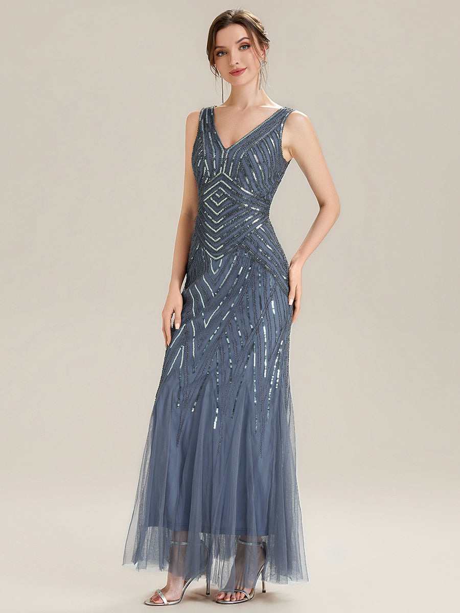 Robe longue sans manches à décolleté en V profond en mermaid avec patchwork de sequins à haute élasticité #Couleur_Marine Fume