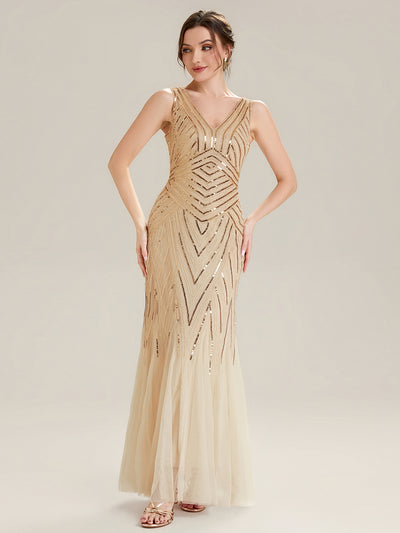 ever GLAMOUR|Robe longue sans manches à décolleté en V profond en mermaid avec patchwork de sequins à haute élasticité