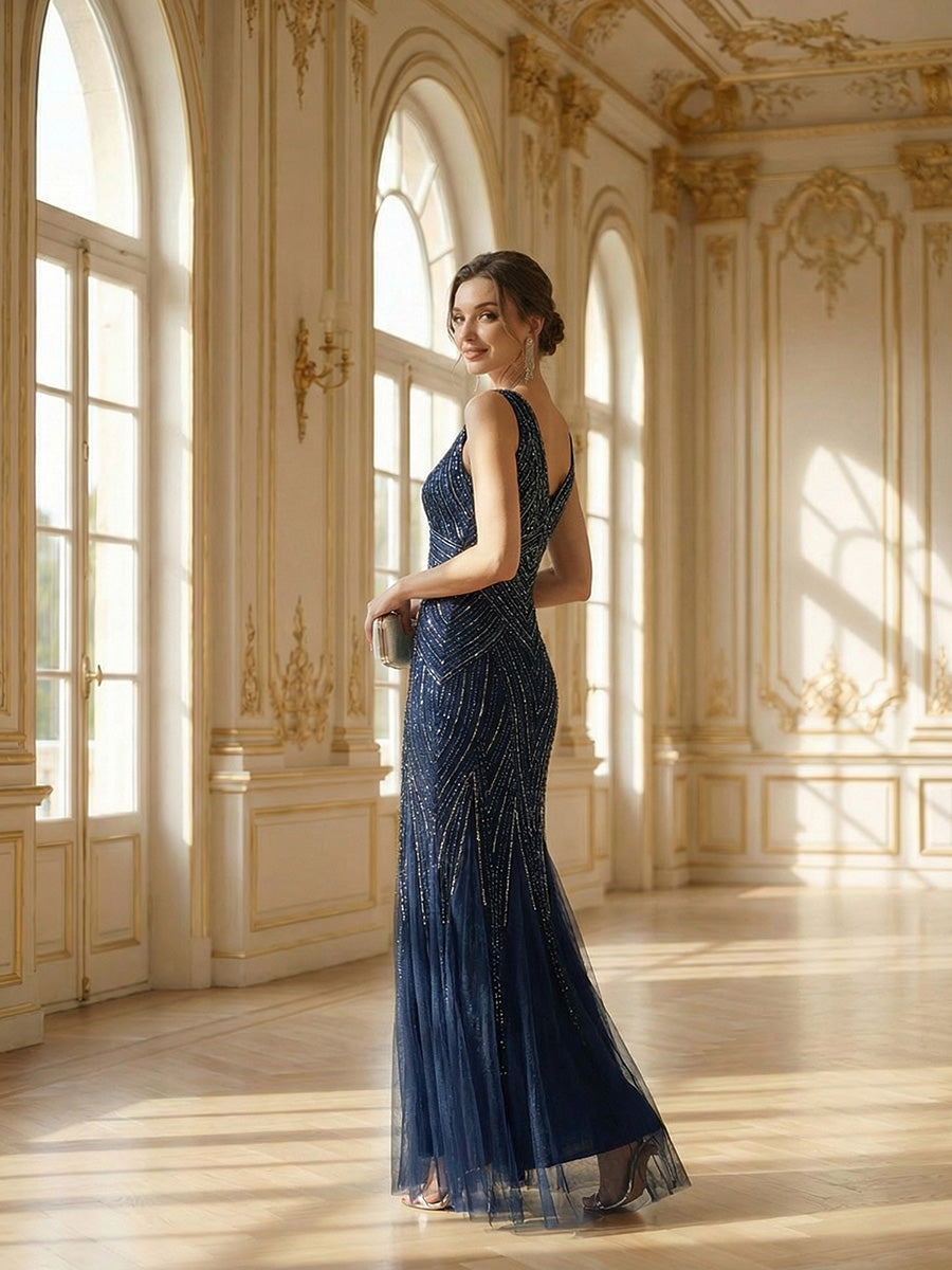 Robe longue sans manches à décolleté en V profond en mermaid avec patchwork de sequins à haute élasticité #Couleur_Bleu Marine