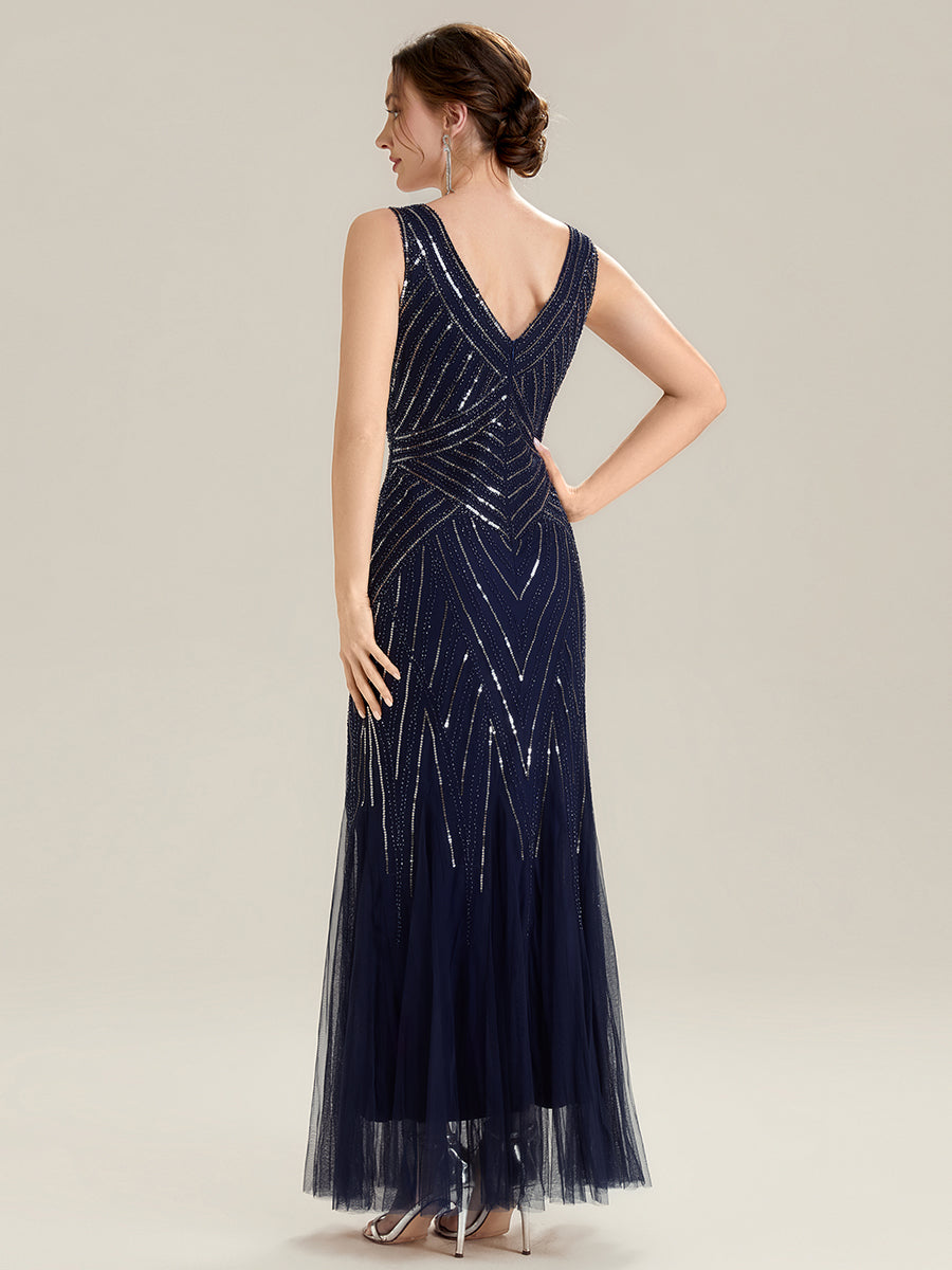 Robe longue sans manches à décolleté en V profond en mermaid avec patchwork de sequins à haute élasticité #Couleur_Bleu Marine