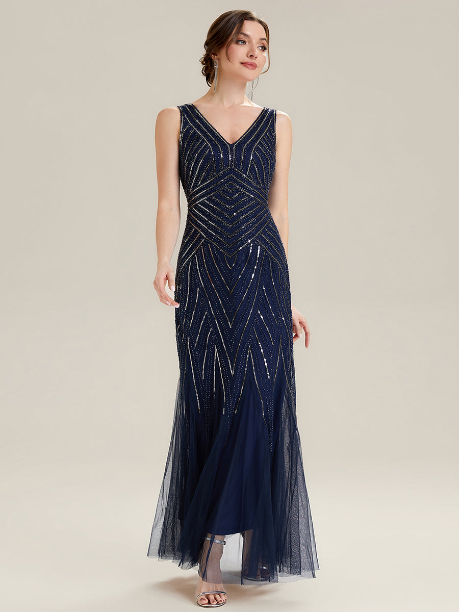 Robe longue sans manches à décolleté en V profond en mermaid avec patchwork de sequins à haute élasticité #Couleur_Bleu Marine