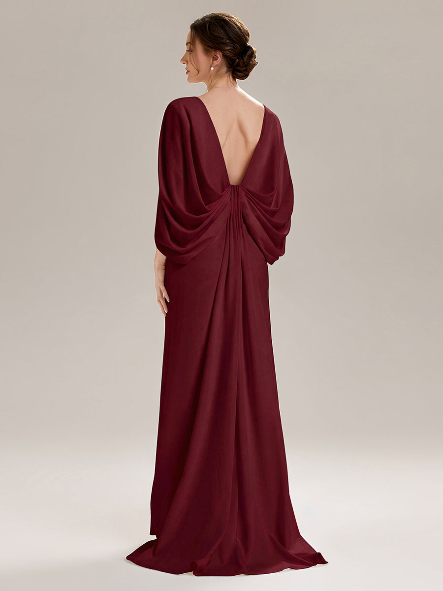 Robe sirène sans bretelles en stretch haut avec décolleté en V profond et manches cape #Couleur_Bordeaux