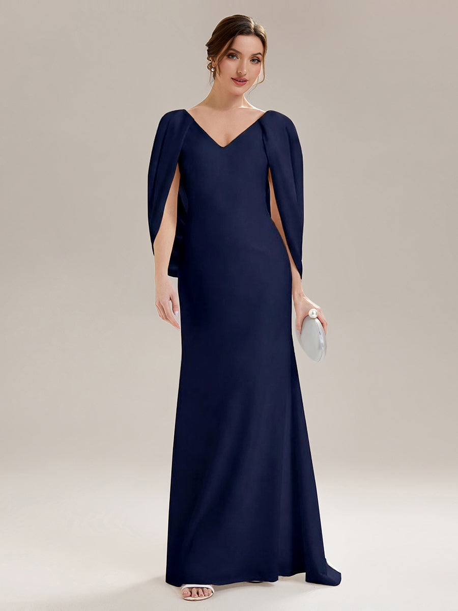 Robe sirène sans bretelles en stretch haut avec décolleté en V profond et manches cape #Couleur_Bleu Marine
