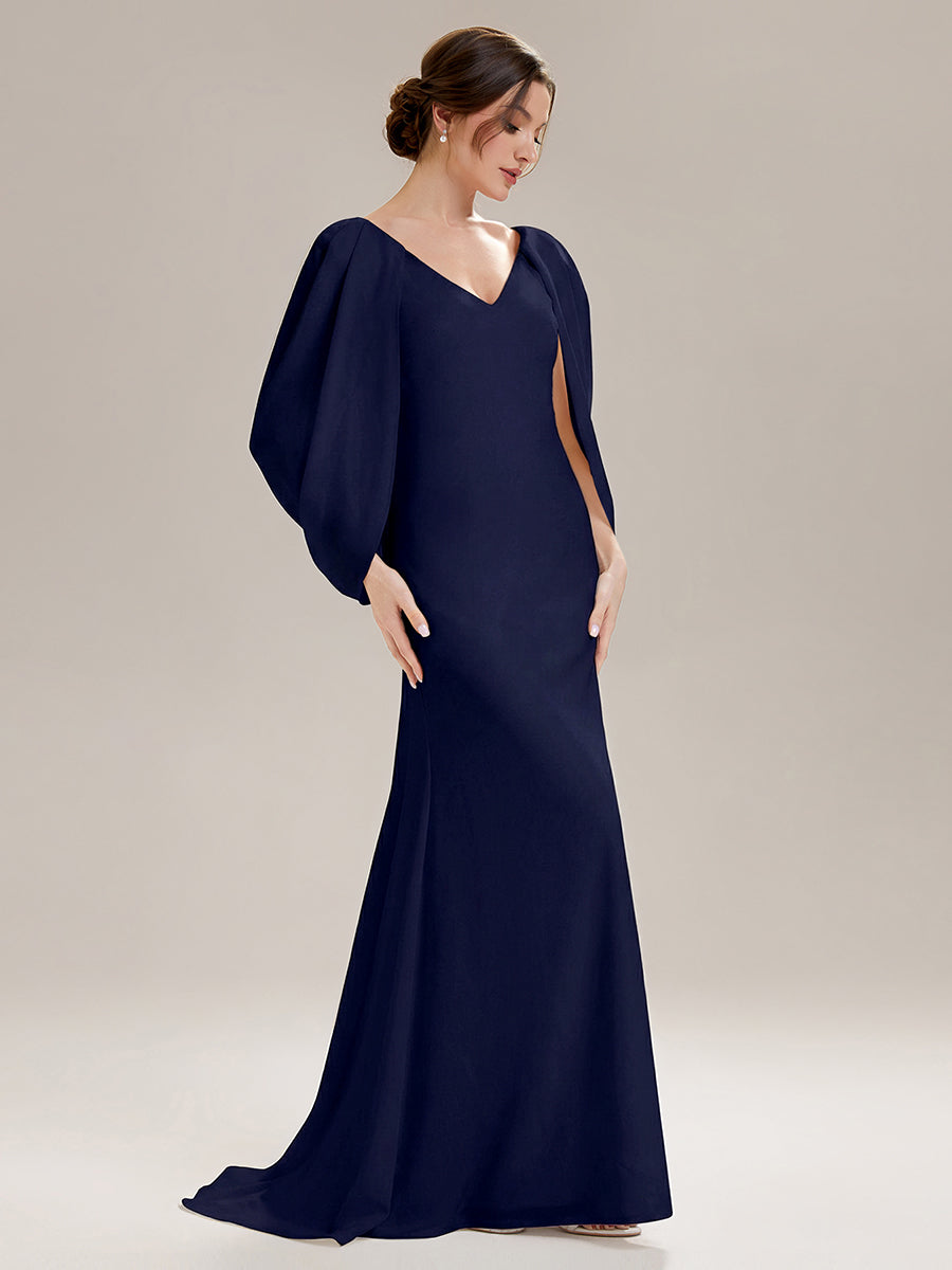 Robe sirène sans bretelles en stretch haut avec décolleté en V profond et manches cape #Couleur_Bleu Marine