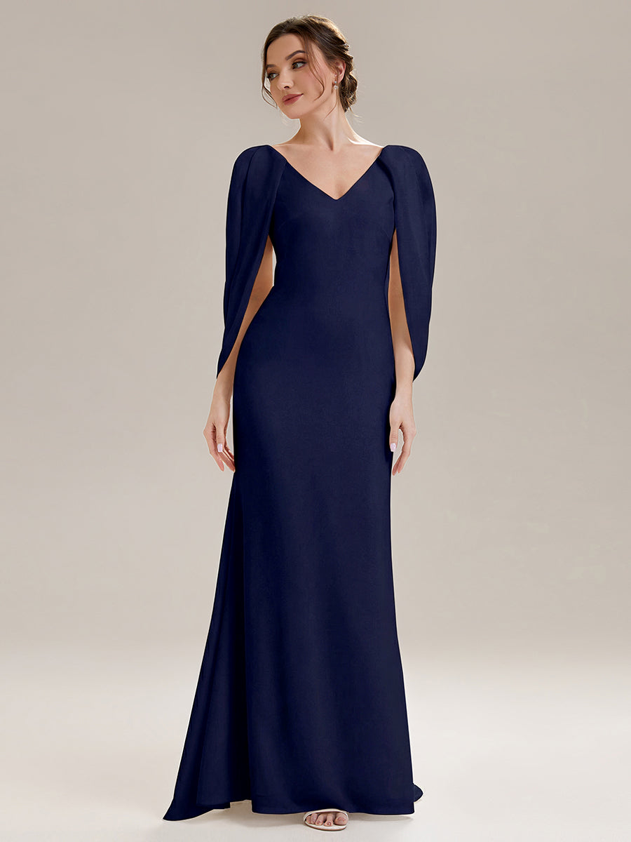 Robe sirène sans bretelles en stretch haut avec décolleté en V profond et manches cape #Couleur_Bleu Marine