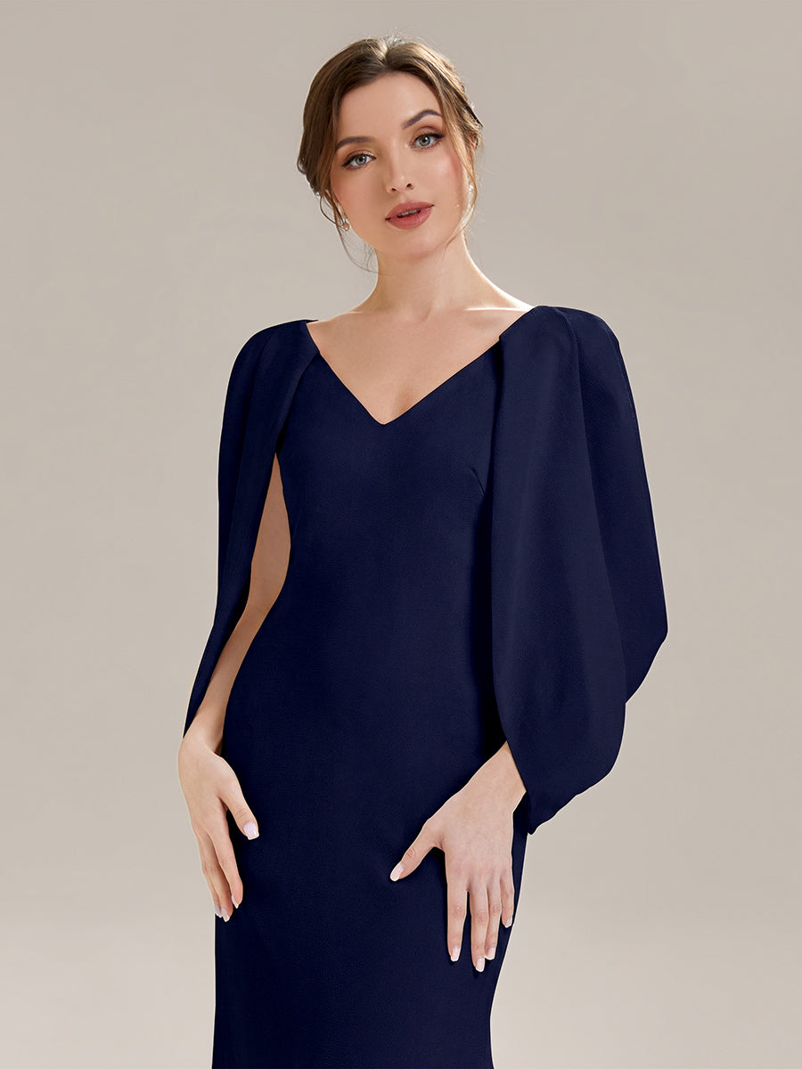 Robe sirène sans bretelles en stretch haut avec décolleté en V profond et manches cape #Couleur_Bleu Marine