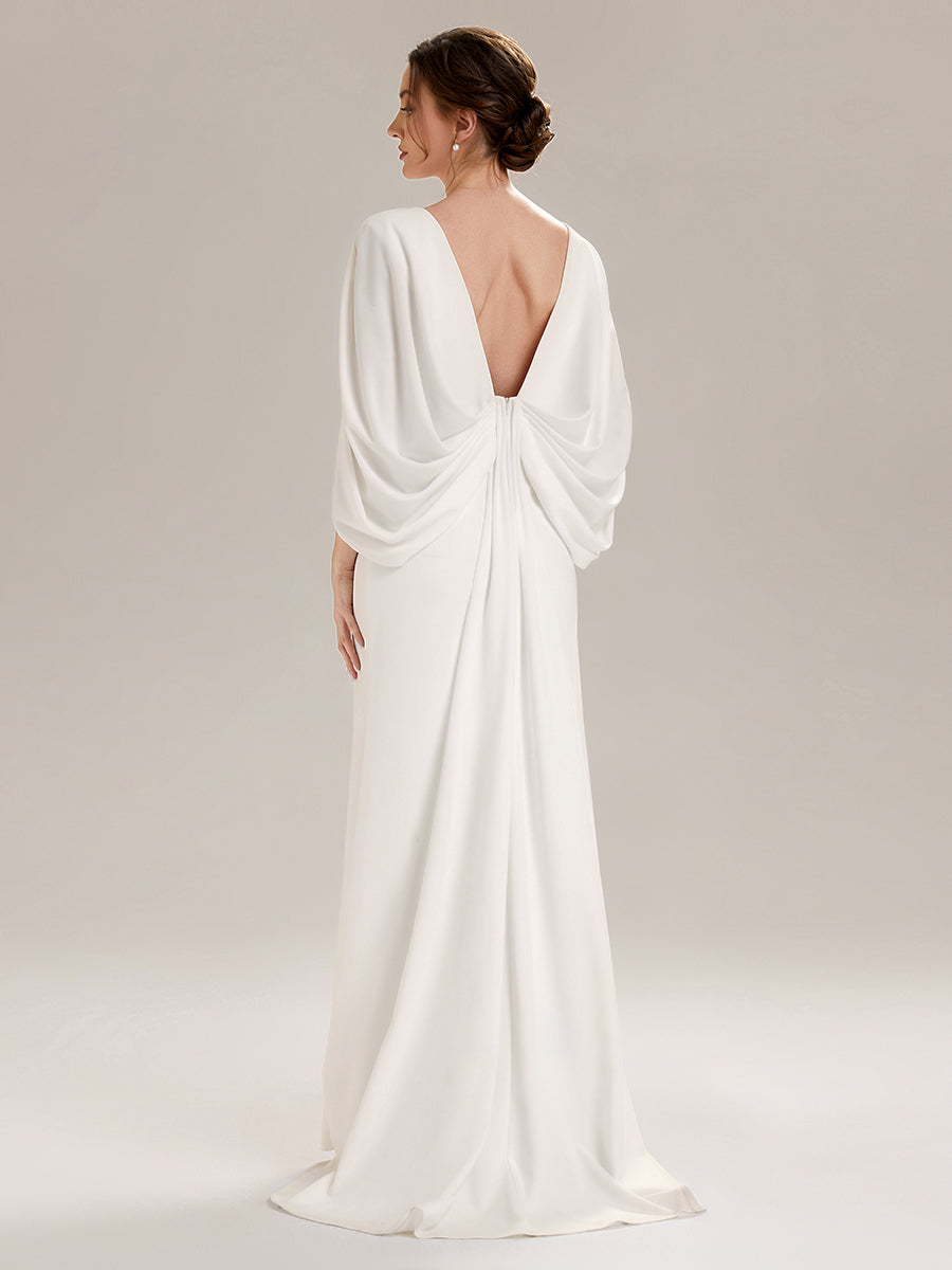 Robe sirène sans bretelles en stretch haut avec décolleté en V profond et manches cape #Couleur_Blanc
