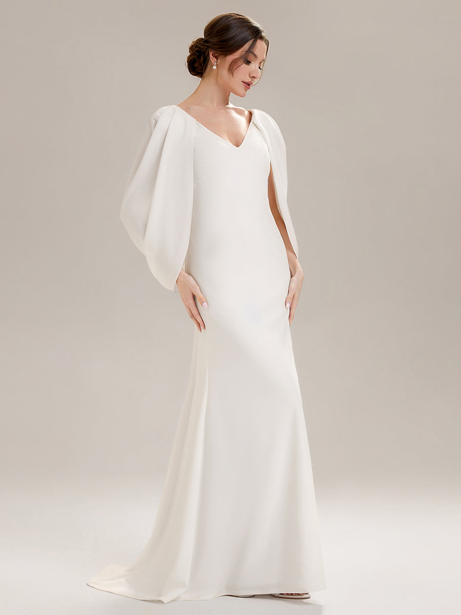 Robe sirène sans bretelles en stretch haut avec décolleté en V profond et manches cape #Couleur_Blanc