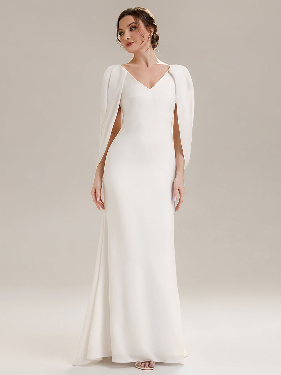Robe sirène sans bretelles en stretch haut avec décolleté en V profond et manches cape #Couleur_Blanc