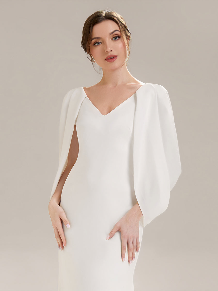 Robe sirène sans bretelles en stretch haut avec décolleté en V profond et manches cape #Couleur_Blanc