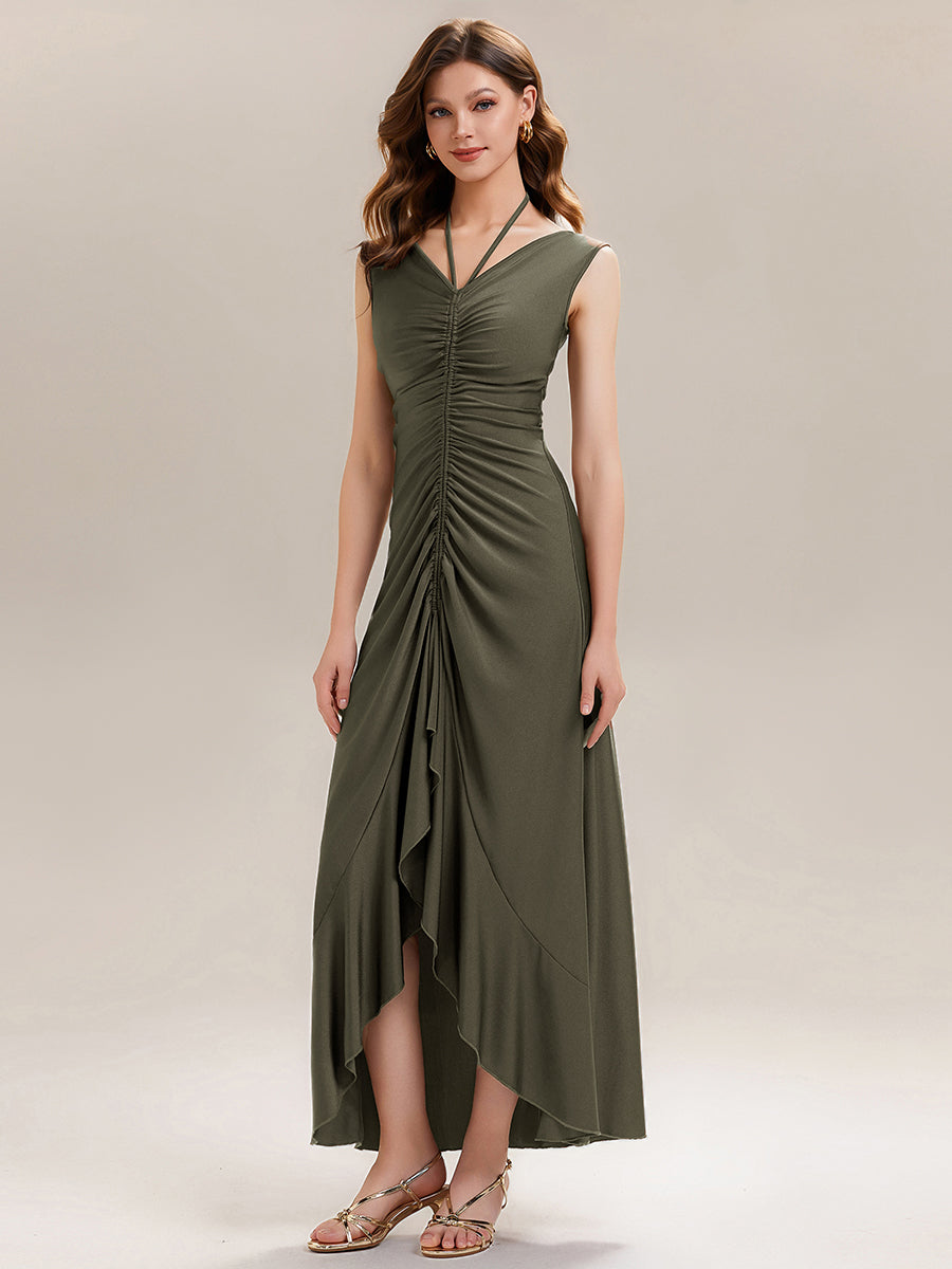 Robe maxi moulante sans manches à décolleté en V avec détail volant noué à l'avant #Couleur_Vert Olive
