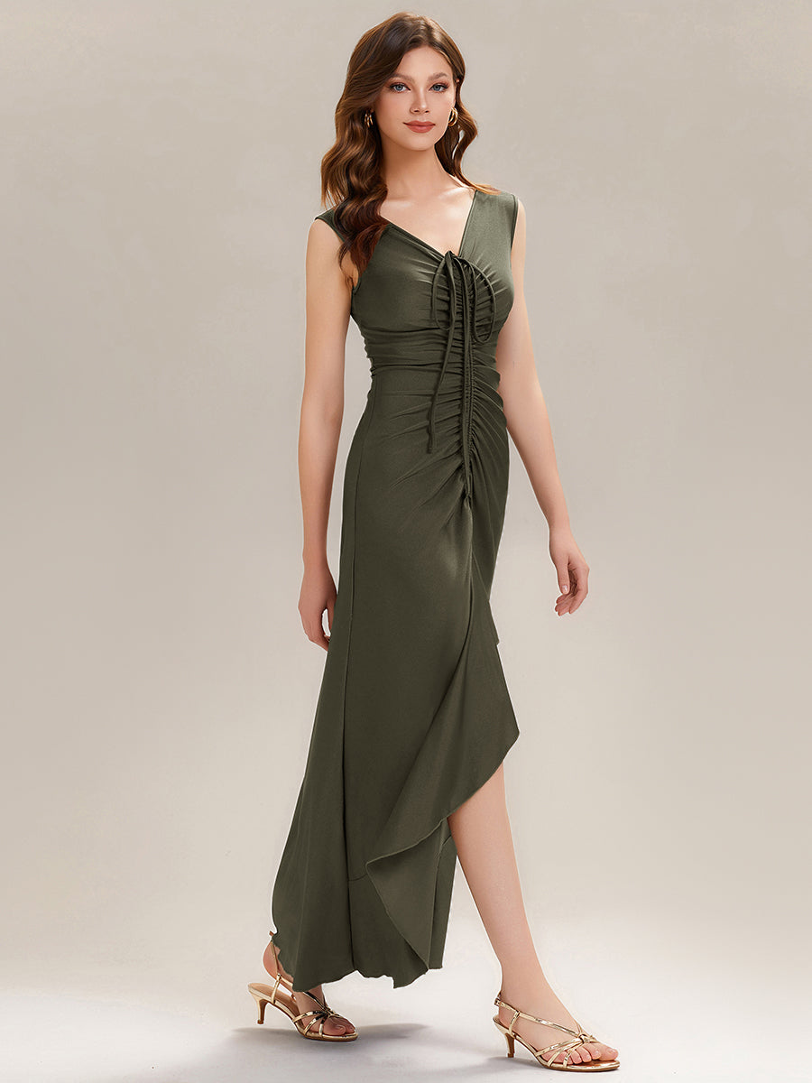 Robe maxi moulante sans manches à décolleté en V avec détail volant noué à l'avant #Couleur_Vert Olive