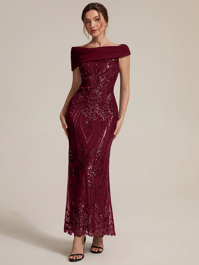 Robe de soirée longue à paillettes, col asymétrique et épaules dénudées